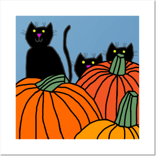 Three Black Cats and Pumpkins Posters and Art